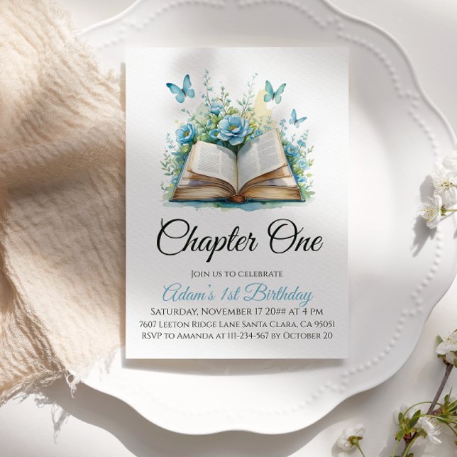 Convites Primeiro aniversario Floral Blue Book Boy Chapter  (Criador carregado)