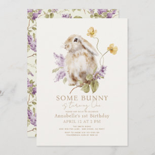 Convites Primeiro aniversario Floral Bunny Lop Purple Lilac