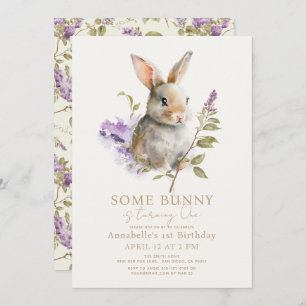 Convites Primeiro aniversario Floral Bunny Purple Lilac