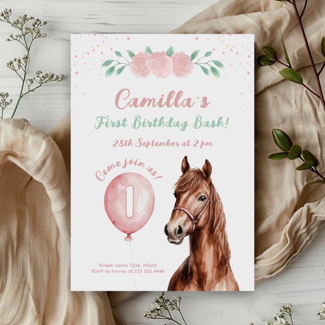 Convites Primeiro aniversario Floral Cavalo Gentil (Criador carregado)