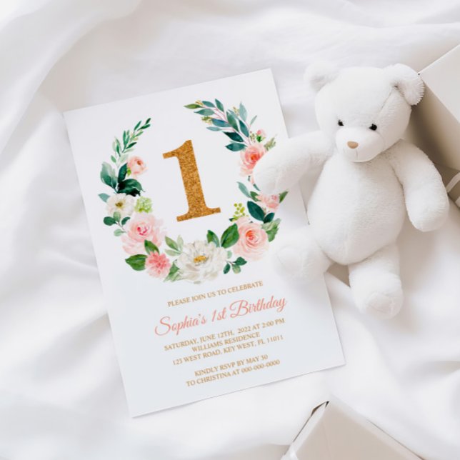 Convites Primeiro aniversario Floral Cor-de-Rosa Esbranquiç (Criador carregado)