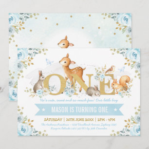 Convites Primeiro aniversario floral Dourado azul dos