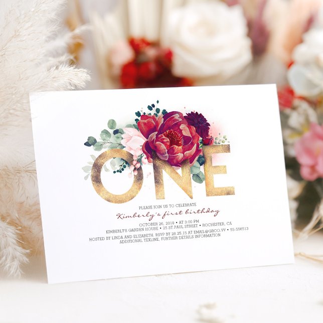 Convites Primeiro aniversario Floral Dourado e Vermelho (Floral 1st Birthday Invitation)