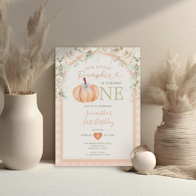 Convites Primeiro aniversario Floral Gingham Pastel Orange  (Criador carregado)