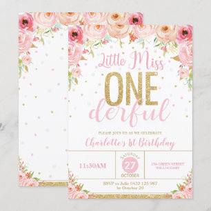 Convites primeiro aniversario Floral Menina One Dourado