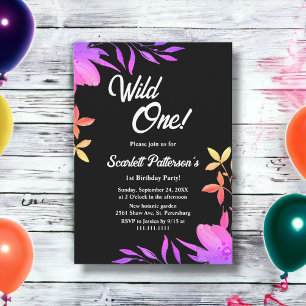 Convites Primeiro aniversario Floral Neon De Cor Preta E Br