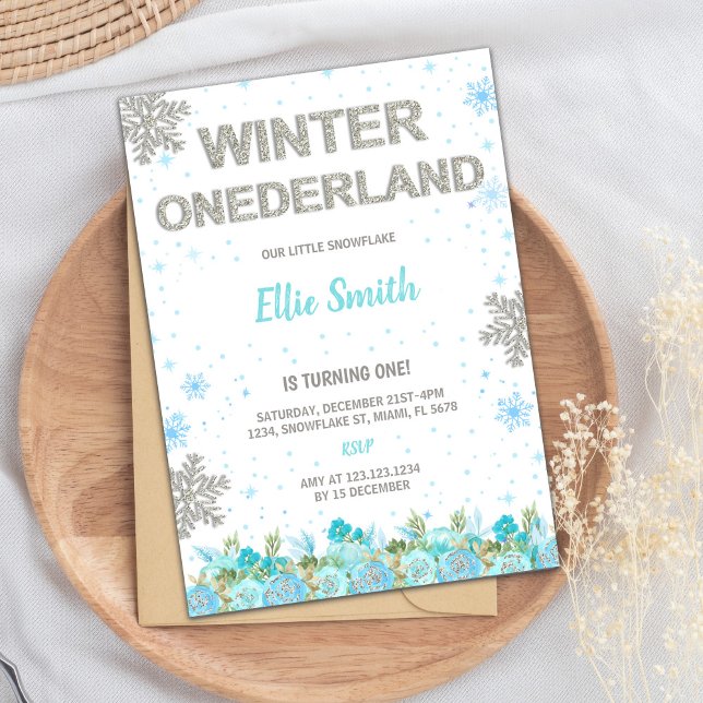 Convites Primeiro aniversario Floral para Raparigas (Green Floral Winter ONEderland Invitations)