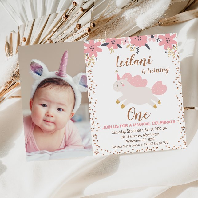Convites Primeiro aniversario Floral Rosa Dourado Unicorn R (Pink Floral Unicorn 1st Birthday Invitation TEMPLATE, Cute Unicorn Pink Floral Rose Gold Glitter )