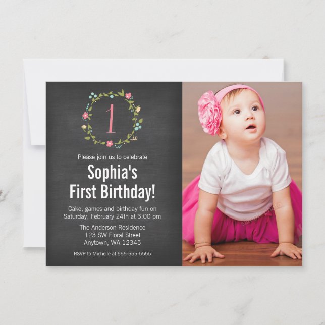Convites Primeiro aniversario Floral Wreath Chalkboard (Frente)