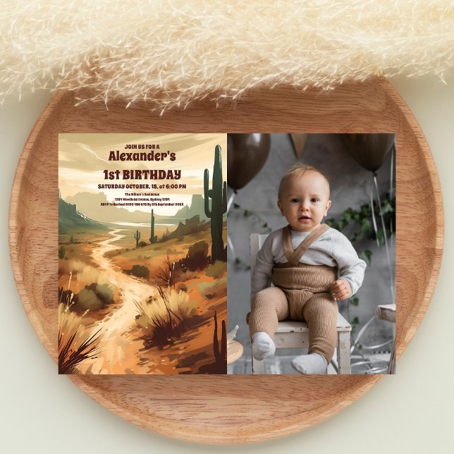 Convites Primeiro aniversario Foto Retro Desert Cactus (Criador carregado)