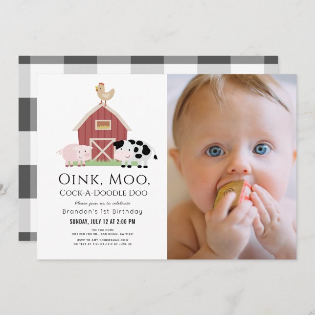 Convites Primeiro aniversario Fotográfico branco do Barnyar (Frente/Verso)