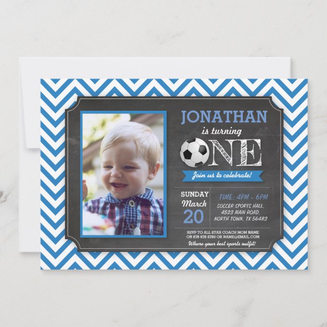 Convites primeiro aniversario Fotográfico de bola de futebo (Frente)