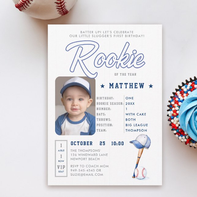 Convites Primeiro aniversario Fotográfico do Baseball Rooki (rookie of the year 1st birthday invite boy baseball theme sports player stats card ticket blue card)