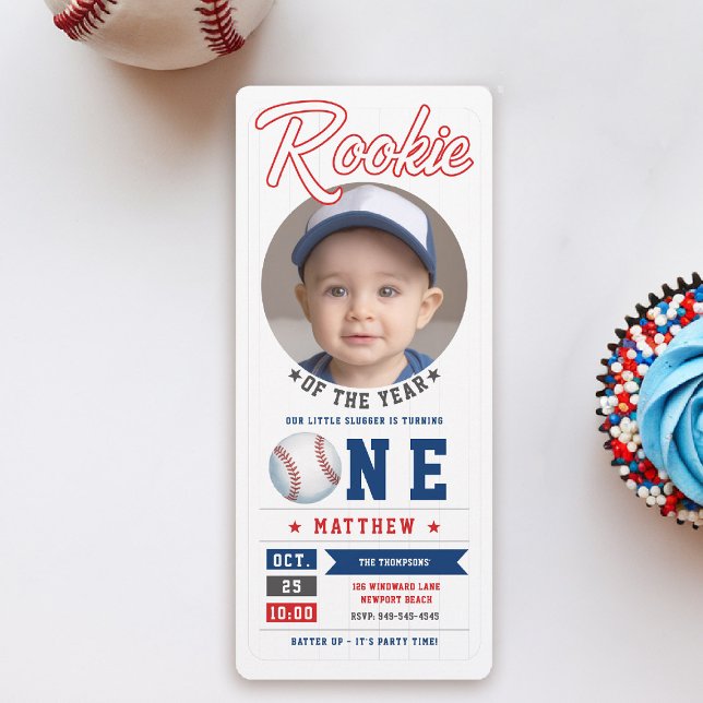 Convites Primeiro aniversario Fotográfico do Baseball Rooki (rookie of the year 1st birthday invite boy baseball theme sports ticket blue red card)