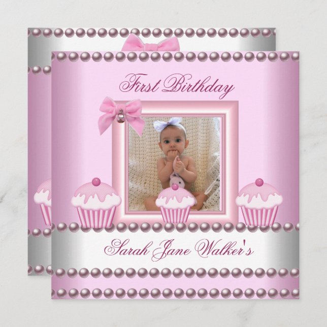 Convites primeiro aniversario Garota Rosa Cupcakes Brancos (Frente/Verso)