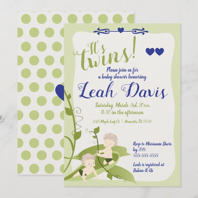 Convites primeiro aniversario, gêmeo Chá de fraldas doce de (Frente/Verso)