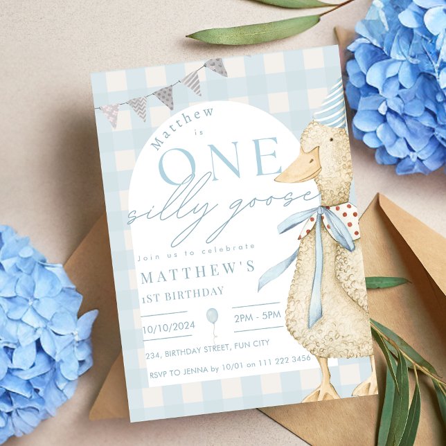 Convites Primeiro aniversario Gingham de ganso Bobo Azul (Blue One Silly Goose Gingham 1st Birthday Invitation)