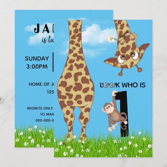 Convites primeiro aniversario Girafa e macaco na grama (Frente/Verso)