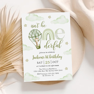 Convites Primeiro aniversario Giraffe Hot Air Balloon Green