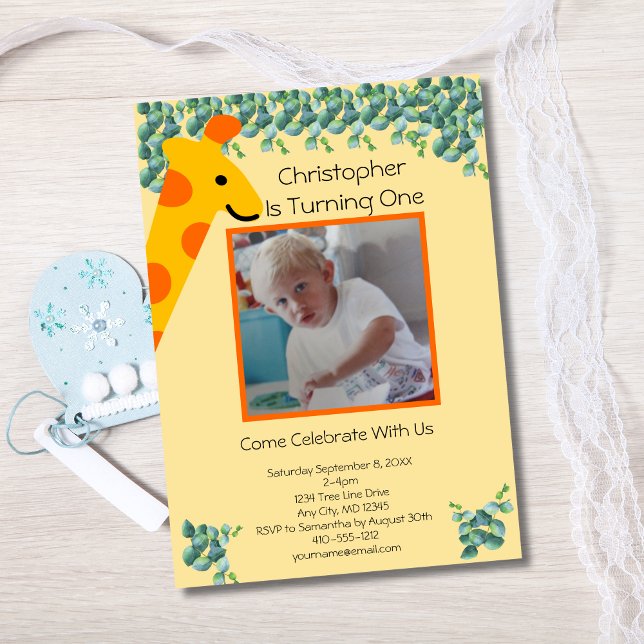 Convites Primeiro aniversario Giraffe Photo Boys (Giraffe Photo 1st Birthday invitation. Printed or digital download)