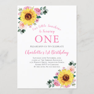 Convites primeiro aniversario Girassol Rosa Floral Um