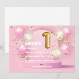 Convites Primeiro aniversario Gold Foil Balloon e Confetti