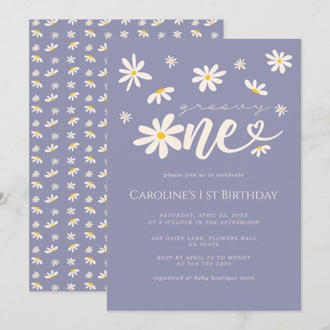 Convites primeiro aniversario Groovy One Daisy Boho Purple (Frente/Verso)