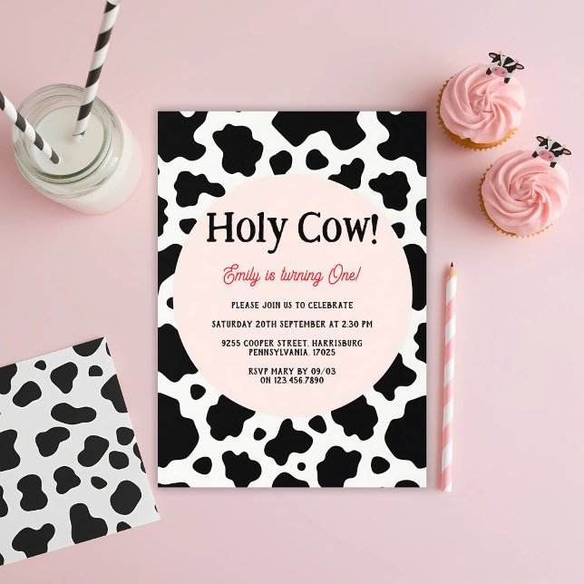 Convites Primeiro aniversario Impressão (Holy Cow First Birthday Invitation Cow Print 1st Birthday Party Invite for Girls)