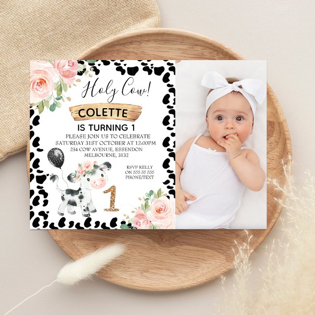 Convites Primeiro aniversario Impressão de de Fotografia Ro (Floral Holy Cow First Birthday Invitation Girl Photo, Cow Themed 1st Birthday Invitation Pink Floral)