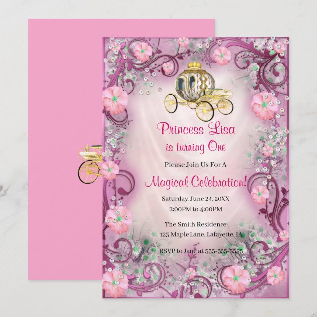 Convites Primeiro aniversario Incantada da Princesa Floral  (Frente/Verso)