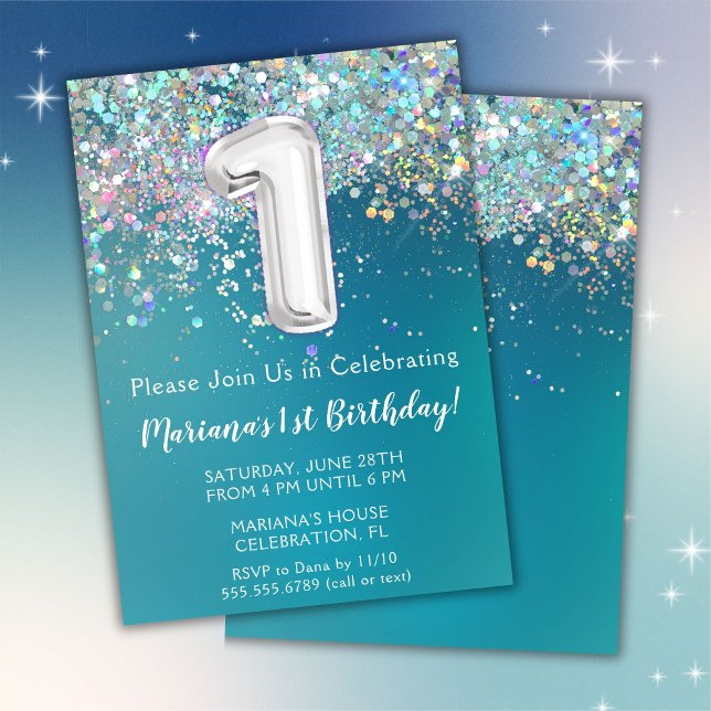 Convites primeiro aniversario Invitation Teal Silver Glitte (Criador carregado)