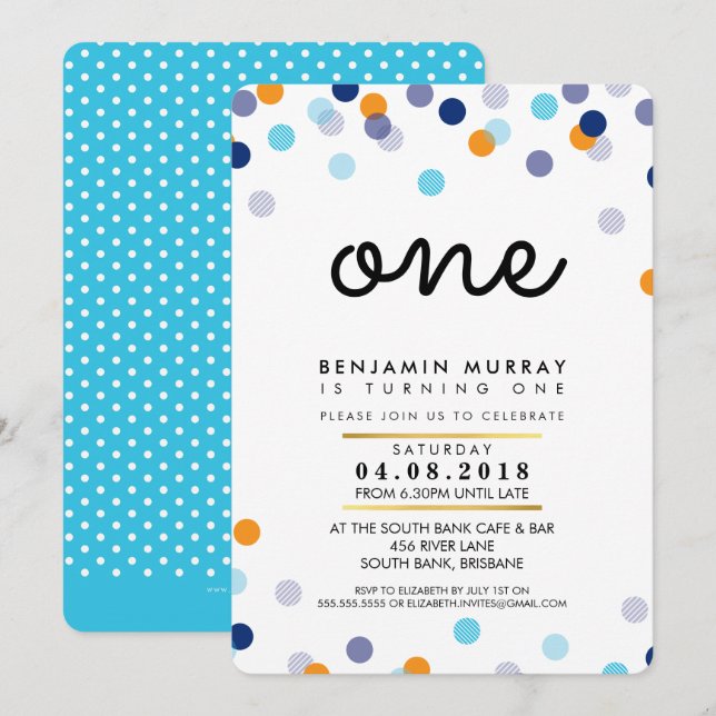 Convites primeiro aniversario INVITE na moda laranja azul (Frente/Verso)