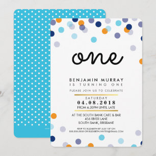 Convites primeiro aniversario INVITE na moda laranja azul