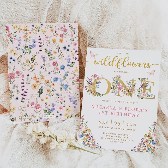 Convites Primeiro aniversario Irmã de Gêmeas de Flores Selv (Criador carregado)