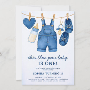 Convites Primeiro aniversario Jean Baby Modern Denim