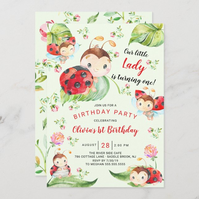 Convites Primeiro aniversario Lady Ladybug Adorável (Frente/Verso)