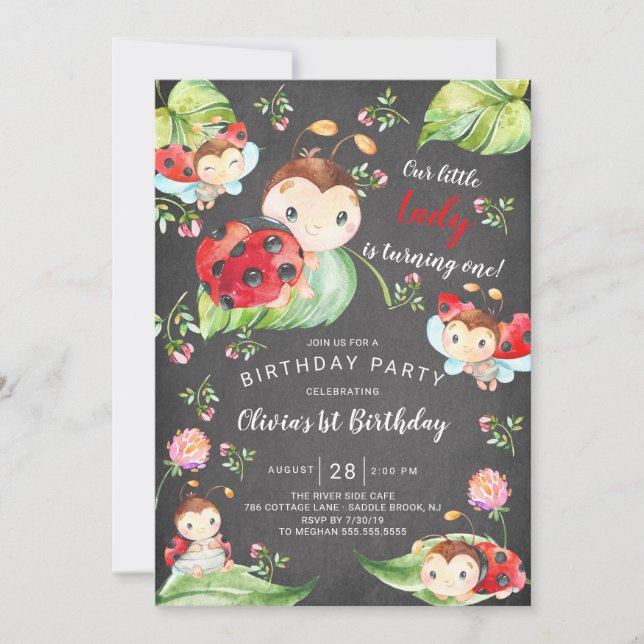 Convites Primeiro aniversario Lady Ladybug do Chalkboard (Frente)