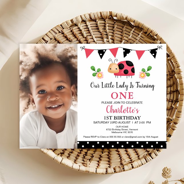Convites Primeiro aniversario Ladybug Bolinhas Preto Vermel (Ladybug 1st Birthday Invitation Template, Our Little Lady ladybug Birthday Invitation Bunting Flags)