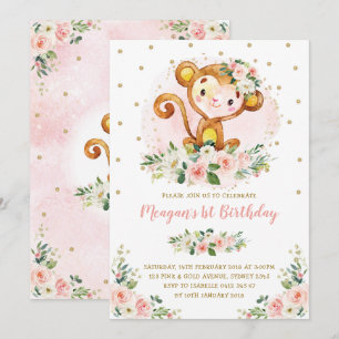 Convites Primeiro aniversario Macaco Blush Pink Floral Wild
