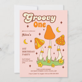 Convites Primeiro aniversario Magic Hippie Mushroom Retro G