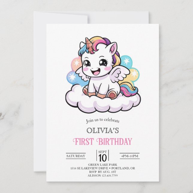 Convites Primeiro aniversario Magical Boho Digital Unicorn (Frente)