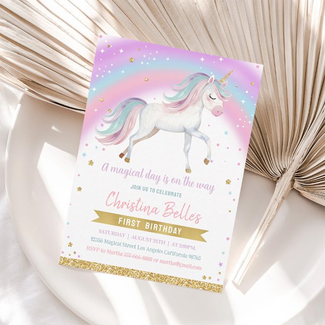Convites Primeiro aniversario Magical Rainbow Unicorn (Criador carregado)