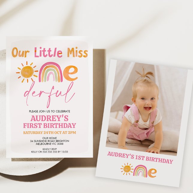 Convites Primeiro aniversario Maravilhoso da Miss Arco-Íris (Our little miss onederful 1st birthday invitation baby girl, Sun and rainbow, Miss onderfu invite)