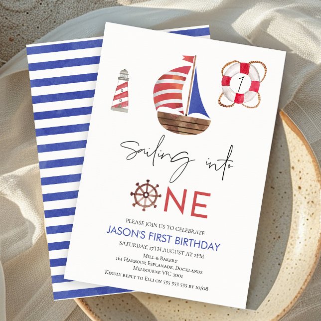 Convites primeiro aniversario marinho de Barcos de Navegaçã (Nautical Sailing Into 1st Birthday Invite Boy Sailing Boats Party Invitation Printable Navy Blue Red)