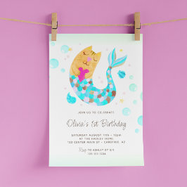 Convites Primeiro aniversario Mermaid MerCat Cute Watercolo
