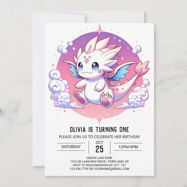 Convites Primeiro aniversario Mítico de Pastel Dragon (Frente)