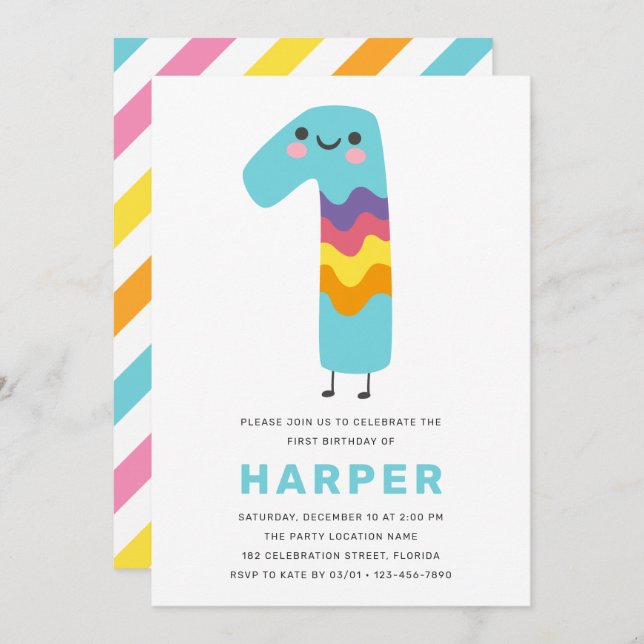 Convites Primeiro Aniversário Moderno Bonito - primeiro ani (Frente/Verso)