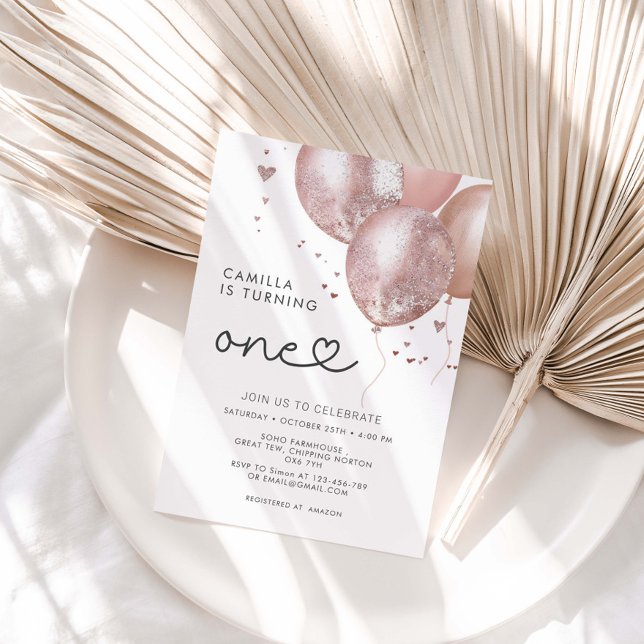 Convites primeiro aniversario Moderno do Balão Rosa (Criador carregado)