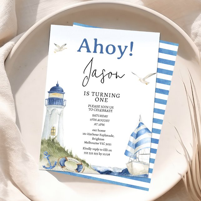 Convites Primeiro aniversario Náutico Náutico do Barco Bran (Ahoy Nautical 1st Birthday Invite Boy Nautical Sailing Boat Party Invitation Printable Blue White)