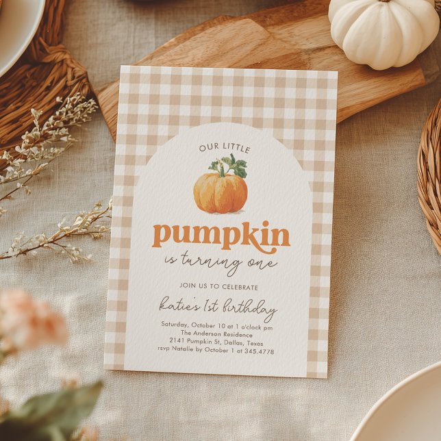 Convites Primeiro aniversario Neutro de Gingham Pumpkin (Criador carregado)